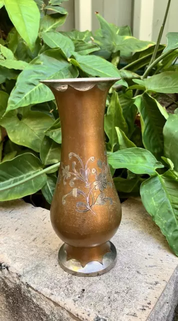 VINTAGE Brass Vase ETCHED Floral Made In India 17cm High Fluted. Pedestal Base