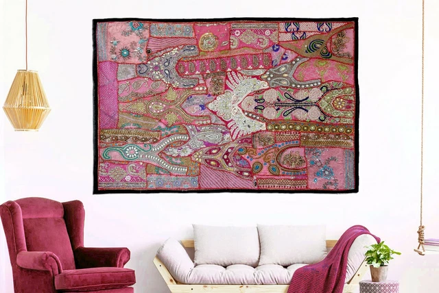 Décoration murale indienne lourde brodée vintage Sari Zari, tapisserie