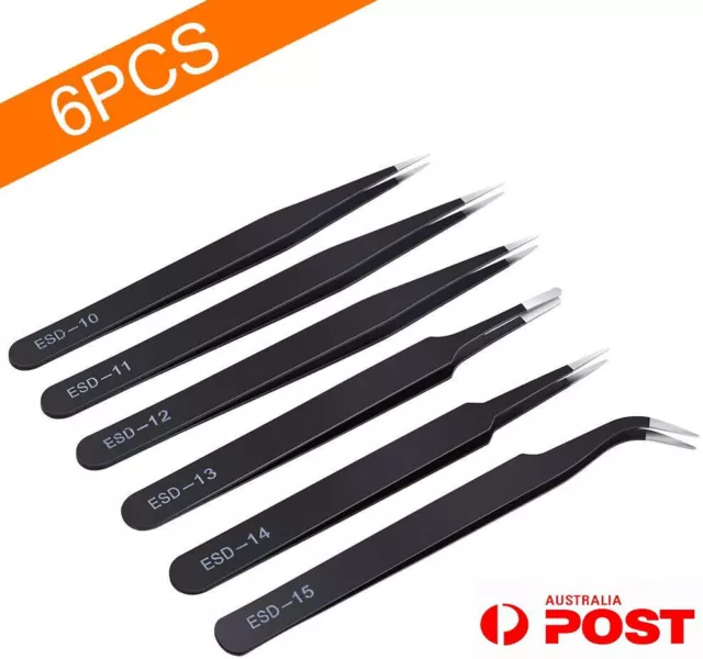 Tweezer Set 6Pcs ESD Anti-Static Tweezers  (GS11) Stainless Steel w/ bag