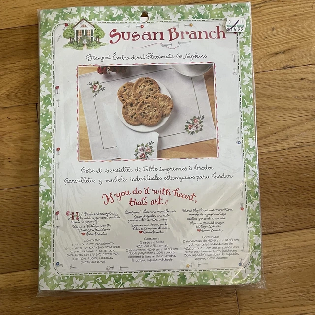 Kit de manteles y servilletas bordados estampados Bucilla Susan rama NUEVO hace 2 juegos