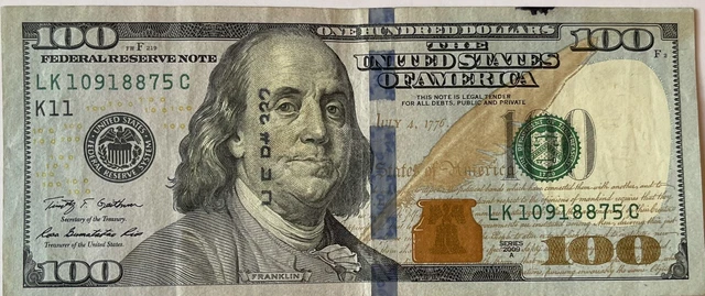 2009 A Series100 Dollar Bill Error, # LK 10918875 C