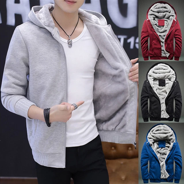 Mens Thick Fleece Fur Lined Hooded Jacket Winter Coat Sweatshirt Hoodie Top