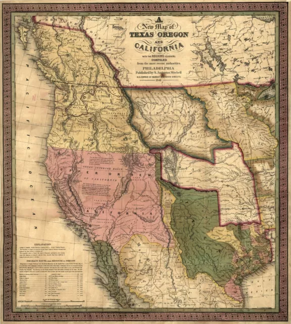 Map of California, Oregon and Texas, 1846, New Reproduction of Antique Old Map