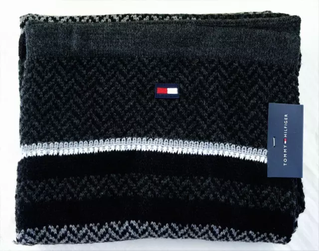 Tommy Hilfiger Men's Scarf Black Gray Ski Patrol Herringbone Striped Logo New