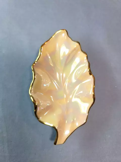 Porcelain Trinket Carnival Glass Leaf Shape w/ 22k Gold Trim Candy Nut Dish USA