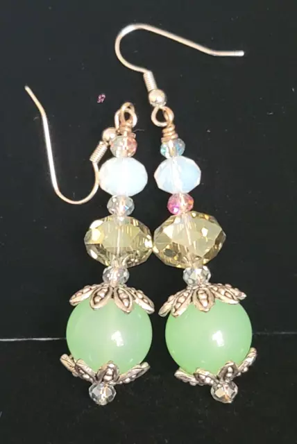 Handcrafted Aquamarine,Crystal and Opalite Dangle Earrings SZ 2 1/2 & 14 Gms E23