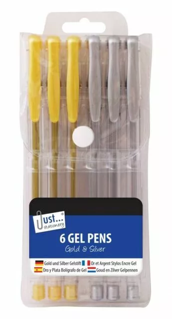 Just Stationery Gel Pens - Silver and Gold, Set of 6