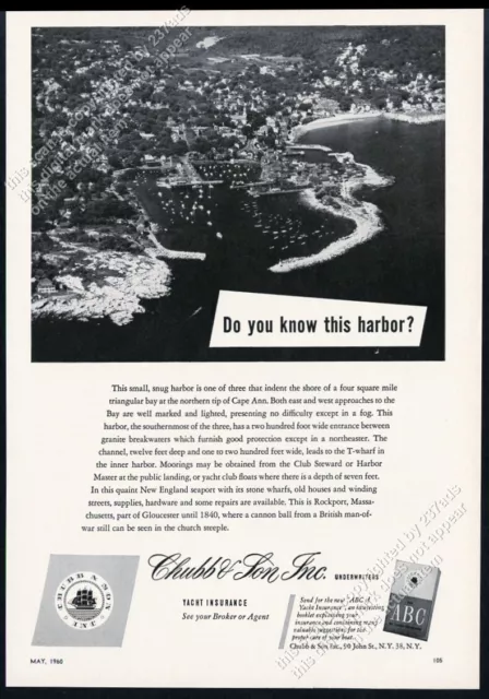 1960 Rockport Massachusetts harbor aerial photo Chubb insurance vintage print ad