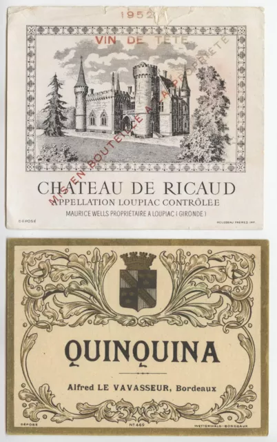 Étiquettes Vins Loupiac 1952 Château De Ricaud & Quinquina Vin De Tête