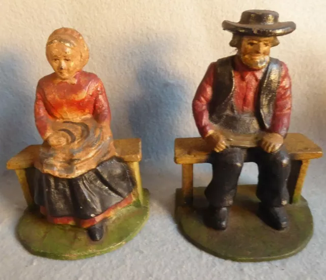 Vintage Pair of Cast Iron Book Ends / Door Stops Amish Man & Woman 5" on Bench