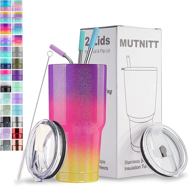 Tumbler 2 LIDS 3 STRAWS CLEANING BRUSH 30 Oz Insulated Travel Mug Water Cup Gift