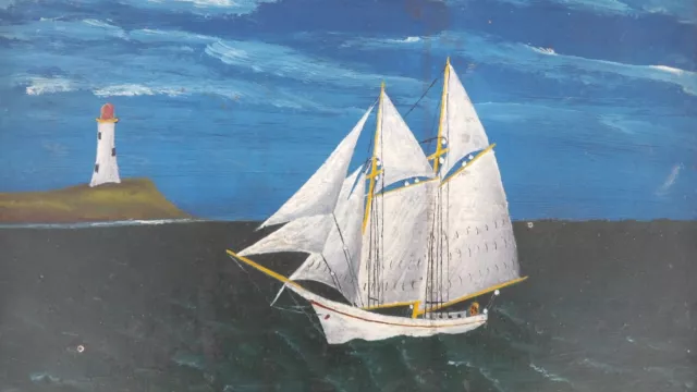 Maine Folk Art Oil On Artist Board Multi Sail Fishing Boat 2