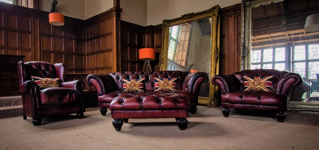 TETRAD OSKAR CHESTERFIELD CONKER LEATHER SUITE MIDI SOFA PAIR of CHAIRS & STOOL
