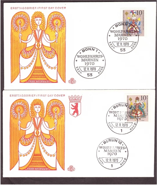2 FDC Weihnachten BRD 655 und Berlin 378, Ersttagsonderstempel 12.11.1970