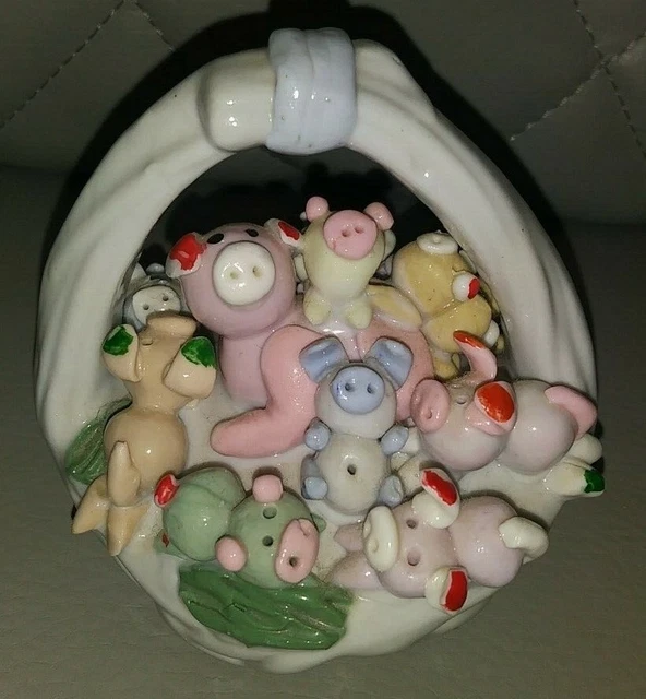 Vintage Baby Pig Mommy Pig Family Basket Hand Painted Porcelain Collectible 3'