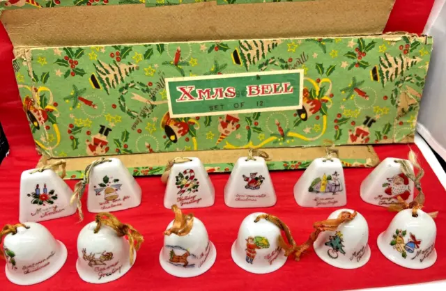 12 Adorable Porcelain Hand-Painted Bell Ornaments/Japan/ VTG Christmas Decor