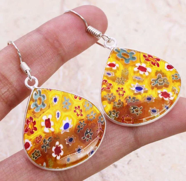 Dichroic Glass 925 Silver Plated Handmade Earrings of 1.7" Ethnic Gift