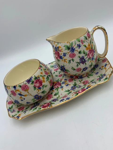 Royal Winton Grimwades OLD COTTAGE CHINTZ Sugar Bowl Creamer Tray Vintage 7