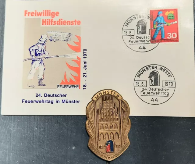 briefmarke sonderdruck 24.Deutscher Feuerwehrtag Münster 1970 & Abzeichen Orden