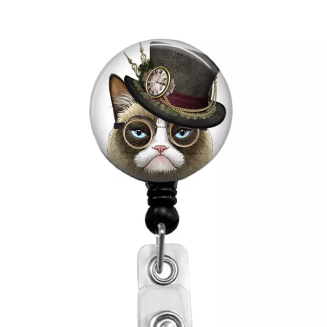 STEAMPUNK GRUMPY CAT Retractable Badge Reel - Carabiner - Lanyard