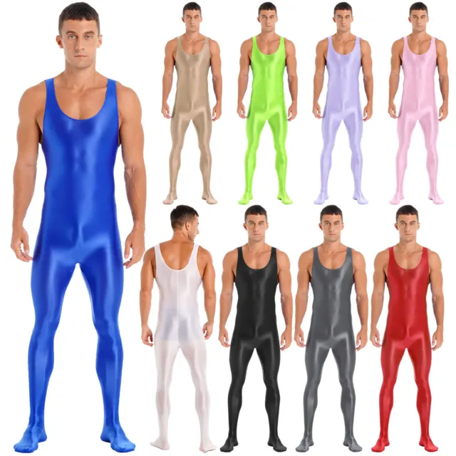 Men's Oil Glossy Sleeveless Full Body Tight Jumpsuit Unitard Club Dance Costumes