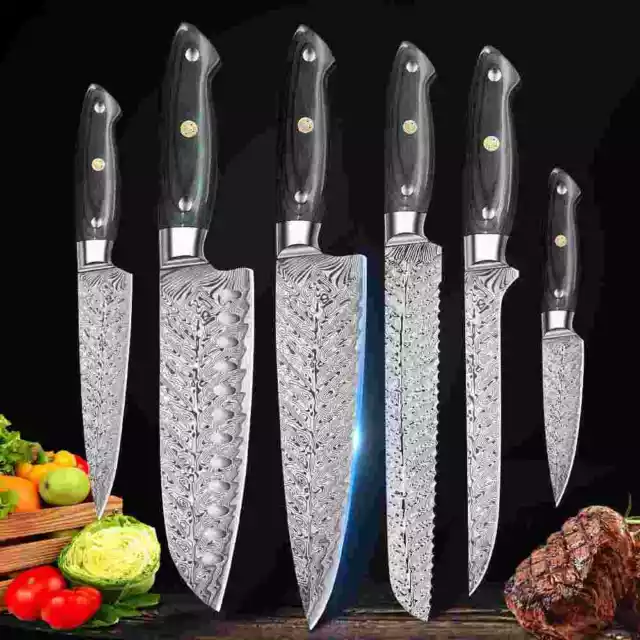6Pack Kitchen Chef Knife Japanese Damascus Stainless Steel Sharp Meat Cleaver US