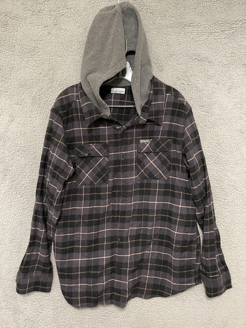 Columbia Button Up Shirt Flannel Gray Hoodie Plaid Long Sleeve Size Large Adult