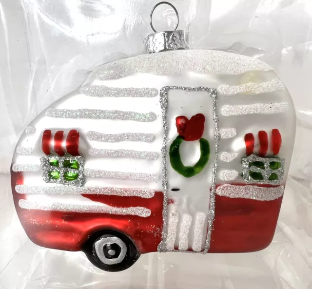 Glass Vintage Christmas Travel Trailer Ornament 3” Wreath On Door NIP