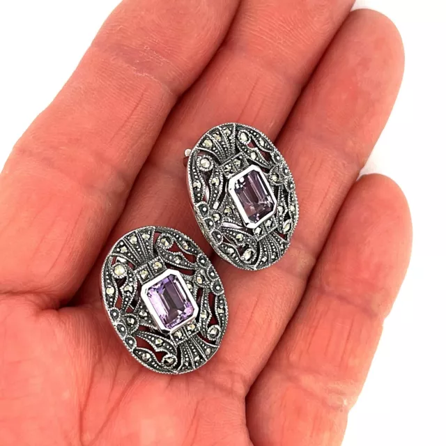 Amethyst and Marcasite Victorian Style Clip Earrings 925 Sterling Silver 3