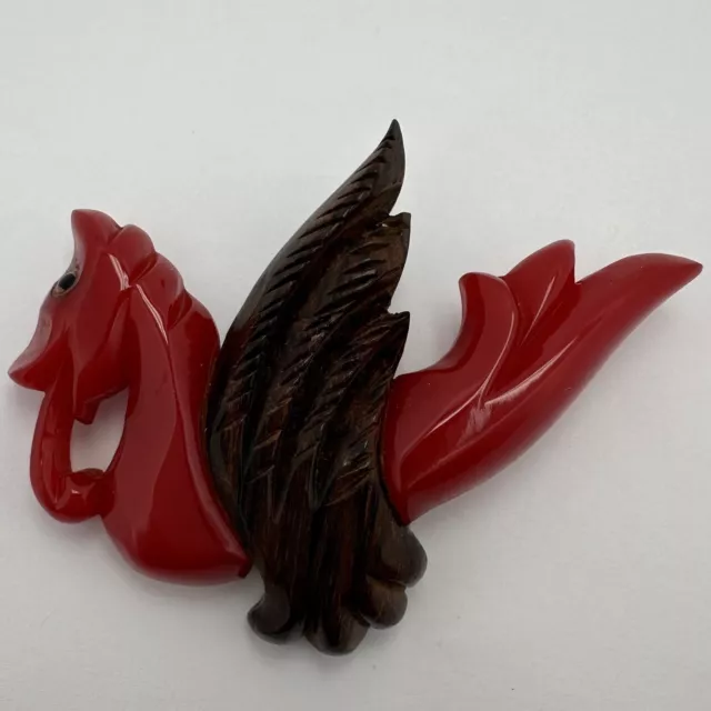 Vintage Carved Red Bakelite & Wood Winged Horse Mythical Creature Brooch
