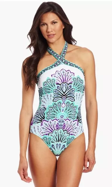 Jantzen Women's Mosaic Plumes Engineered Halter One Piece Swimsuit Sz 12 - NWT