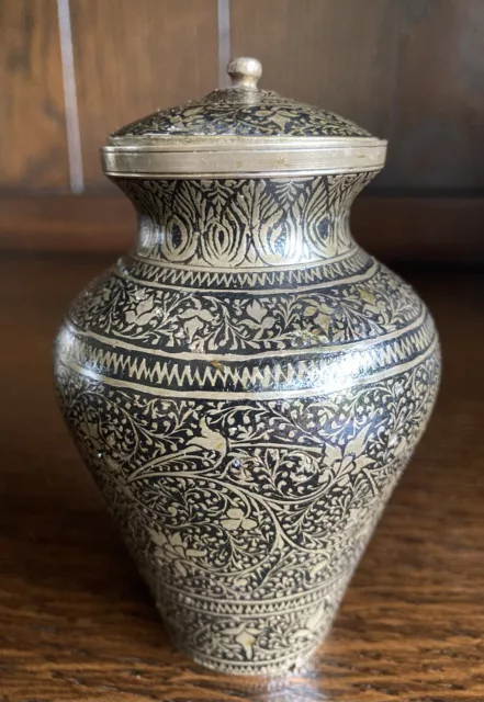 Indian Brass Hand Decorated Lidded Urn