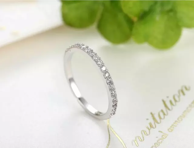 Pave Cubic Zirconia Silver White Gold Thin Engagement Promise Halo Ring RS65