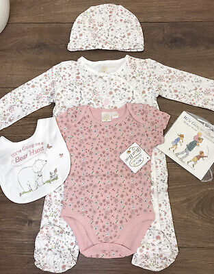 Baby Girls Five Piece Set Sleepsuit /bodysuit/ bib /hat/book  Age 3-6 months NEW