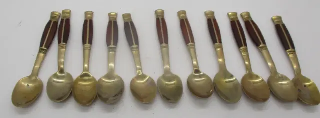 Vintage Brass and Teak Wood Demitasse Spoons Marked Thailand Set of 11 Used, MCM