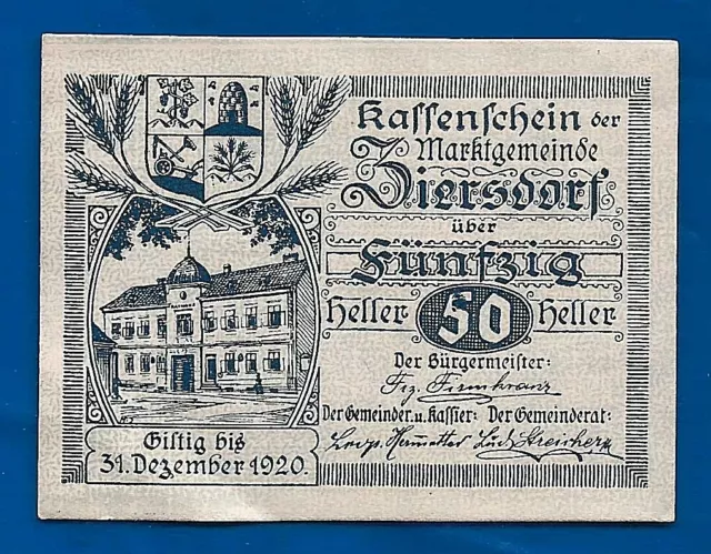 1920 Diersdorf AUSTRIA 50 Heller Notgeld NOTE emergency money note