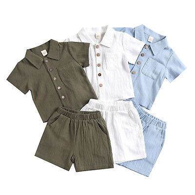 Baby Boys Cotton Linen Outfits Suit Button Down Shirt+Shorts Set Casual Clothing