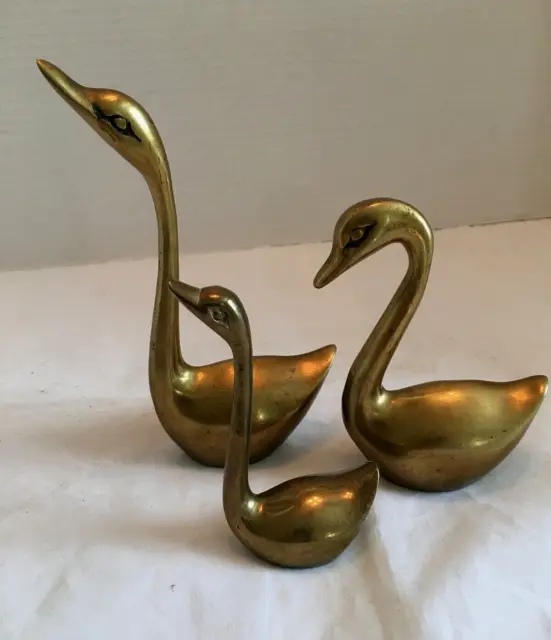 Set Of 3 Solid Brass Swans
