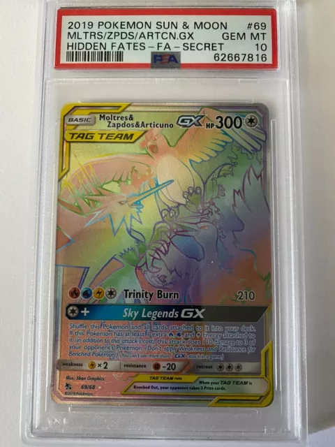 RAINBOW Moltres Zapdos Articuno GX SECRET RARE Pokemon 69/68 Tag Team Holo  - LP