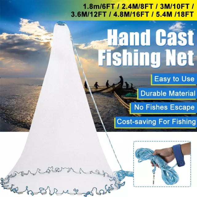 Fishing Cast Net Quick Throw Nylon Mesh Drawstring Chain Bottom Spread 6ft-18ft