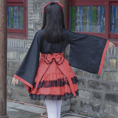 Women Lolita Dress Lace Maid Japanese Miko Costume Kimono Sleeve Witch Cute Wear