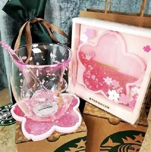 Hot Starbucks Glass Cup Sakura Cherry Blossom Coffee Mug W/ Lid Coaster Stir rod