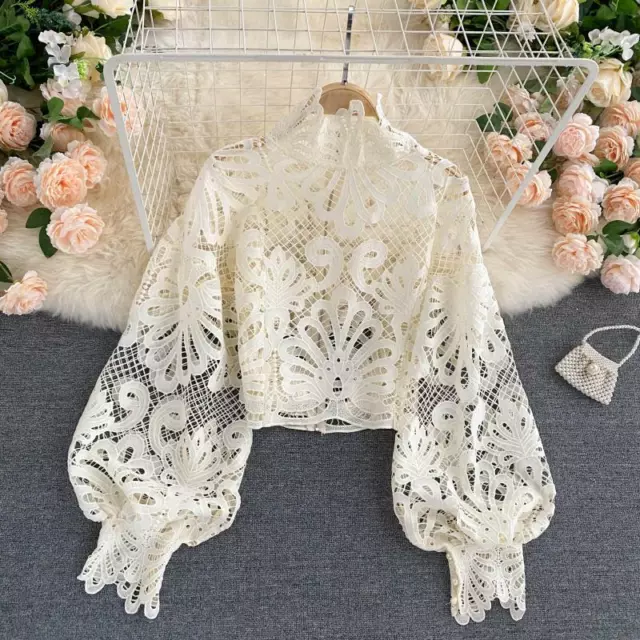 Lady Floral Lace Hollow Out Blouse Shirt Top Puff Sleeve Sexy Crop Retro Fashion