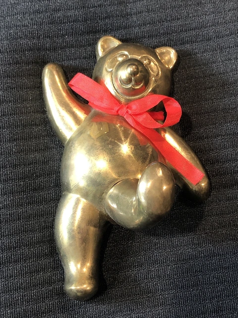 5" Vintage Solid Brass Dancing Teddy Bear Wall Hanging Clothes Coat Hook Decor