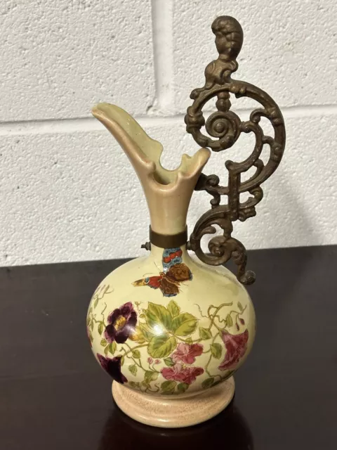 Lovely Antique Ewer / Vase Hand Painted With Butterfly And Flowers