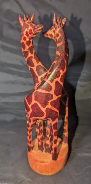 Carved Wood Hand Painted Entwined Hugging GIRAFFES Figurine  7.5"
