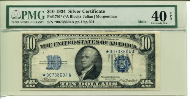 Fr 1701* Mule Star 1934 $10 Silver Certificate Pmg 40 Epq Extremely Fine