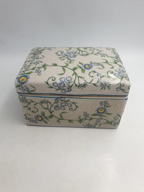 Chinese Large Ceramic Lidded Decorative Box Blue Yellow Flowers Crackled Effect