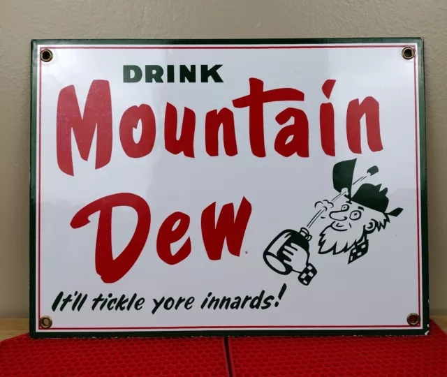 Vintage Mountain Dew Sign - Gas Oil Pump Plate Soda Bottles Pepsi Porcelain Sign