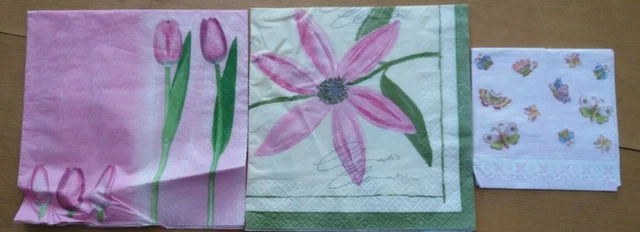 3 Servietten Blumen Schmetterlinge rosa pink Serviettentechnik Décopatch